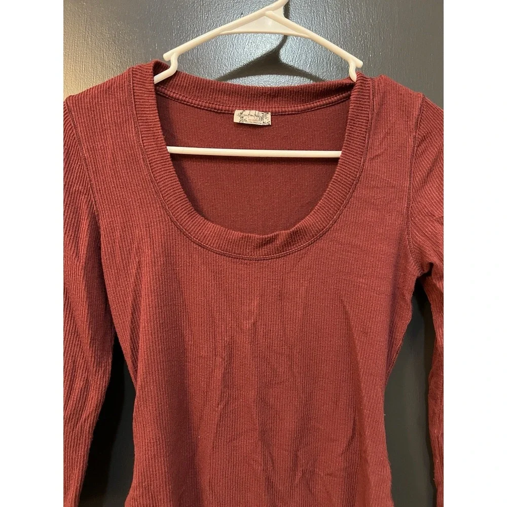 Intimately Free People Women Red Ribbed Long Sleeve Thong Bodysuit Sz S